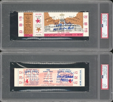 Lot of (2) Frank Robinson and Tony Perez Signed & Inscribed PSA-Graded World Series/All-Star Full Ticket Pair (2 Different)